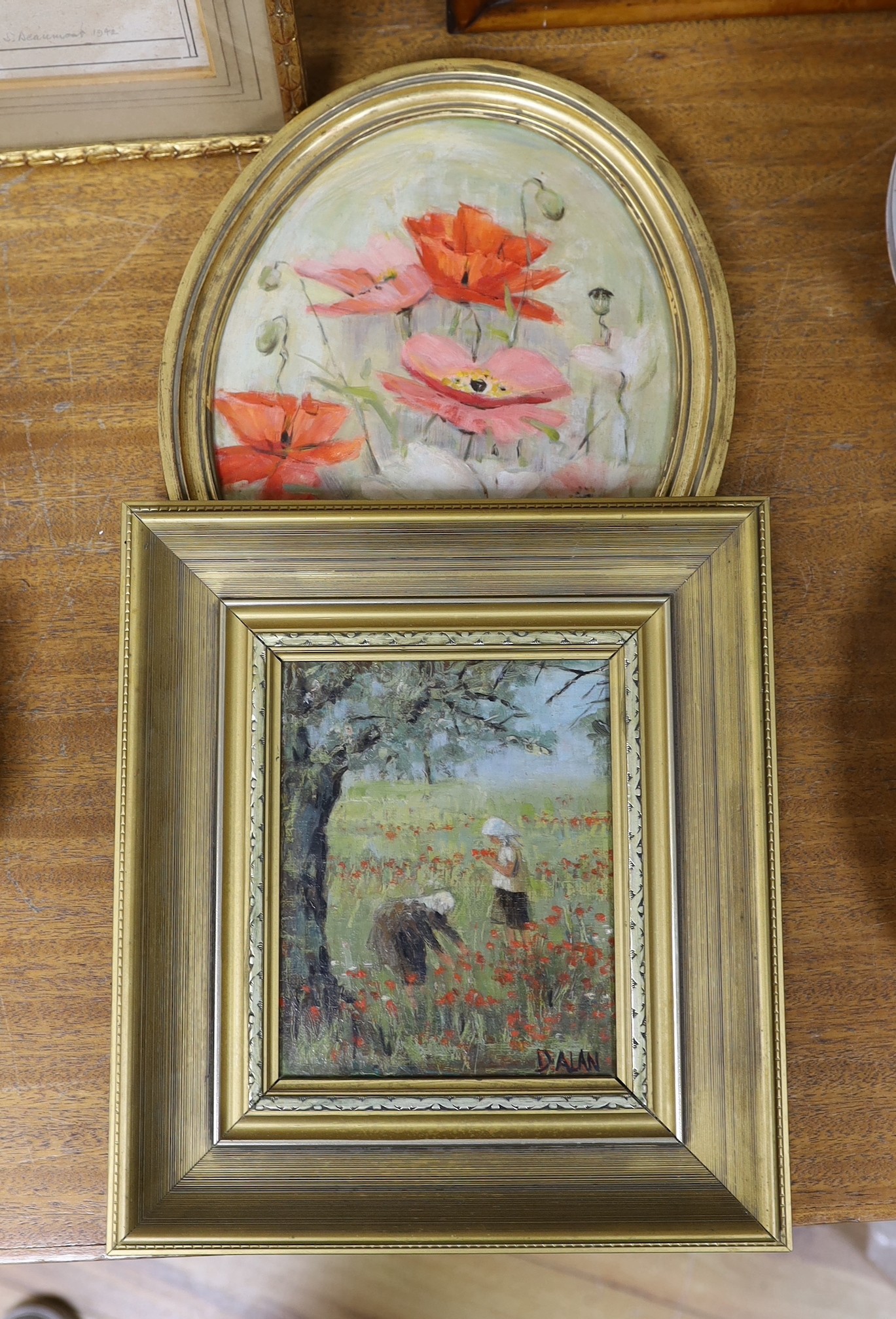 Doreen Allen, 20th century, two oils on board, ‘Spring in Greece’ and ‘Shirley Poppies’, both signed, largest 28 x 23cm